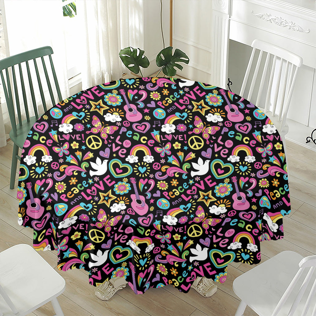 Hippie Peace Sign And Love Pattern Print Waterproof Round Tablecloth