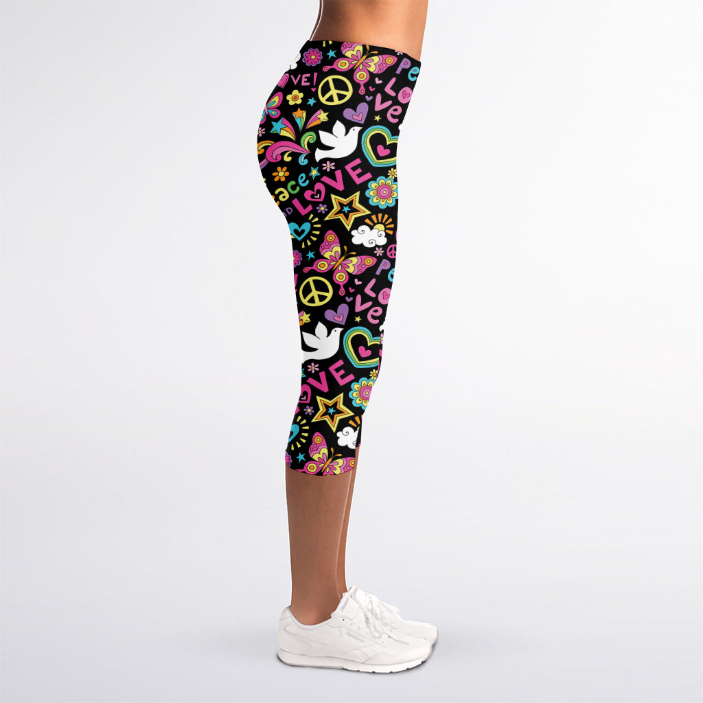 Hippie Peace Sign And Love Pattern Print Women's Capri Leggings