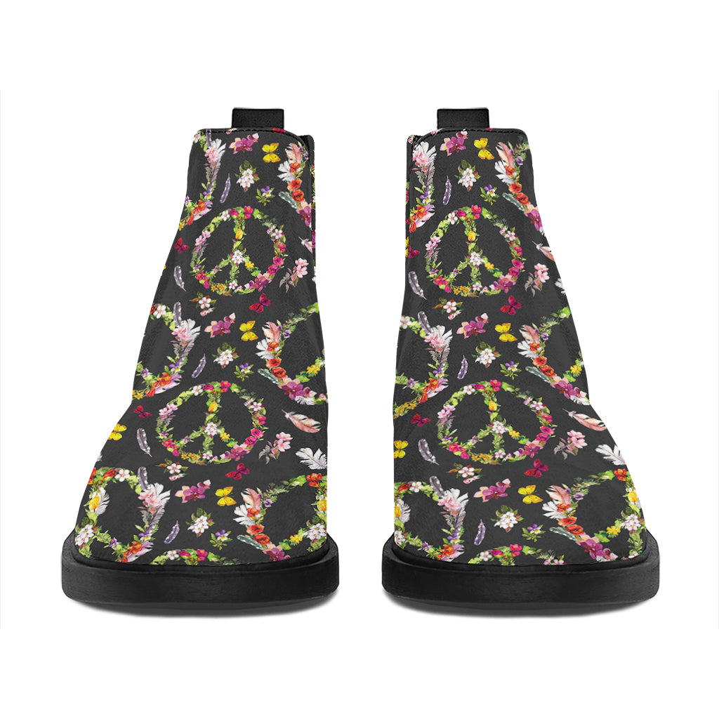 Hippie Peace Sign Flower Pattern Print Flat Ankle Boots