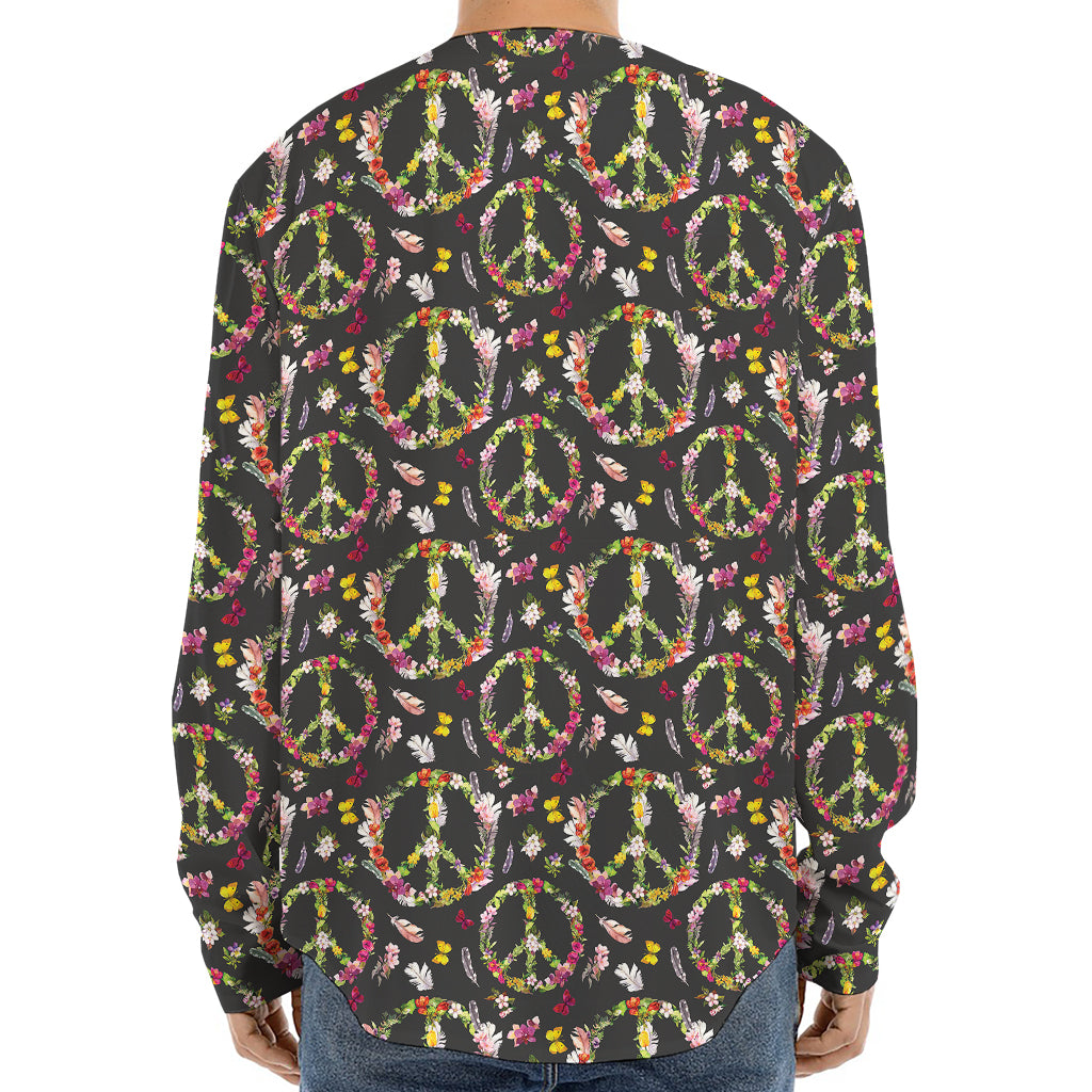 Hippie Peace Sign Flower Pattern Print Long Sleeve Baseball Jersey