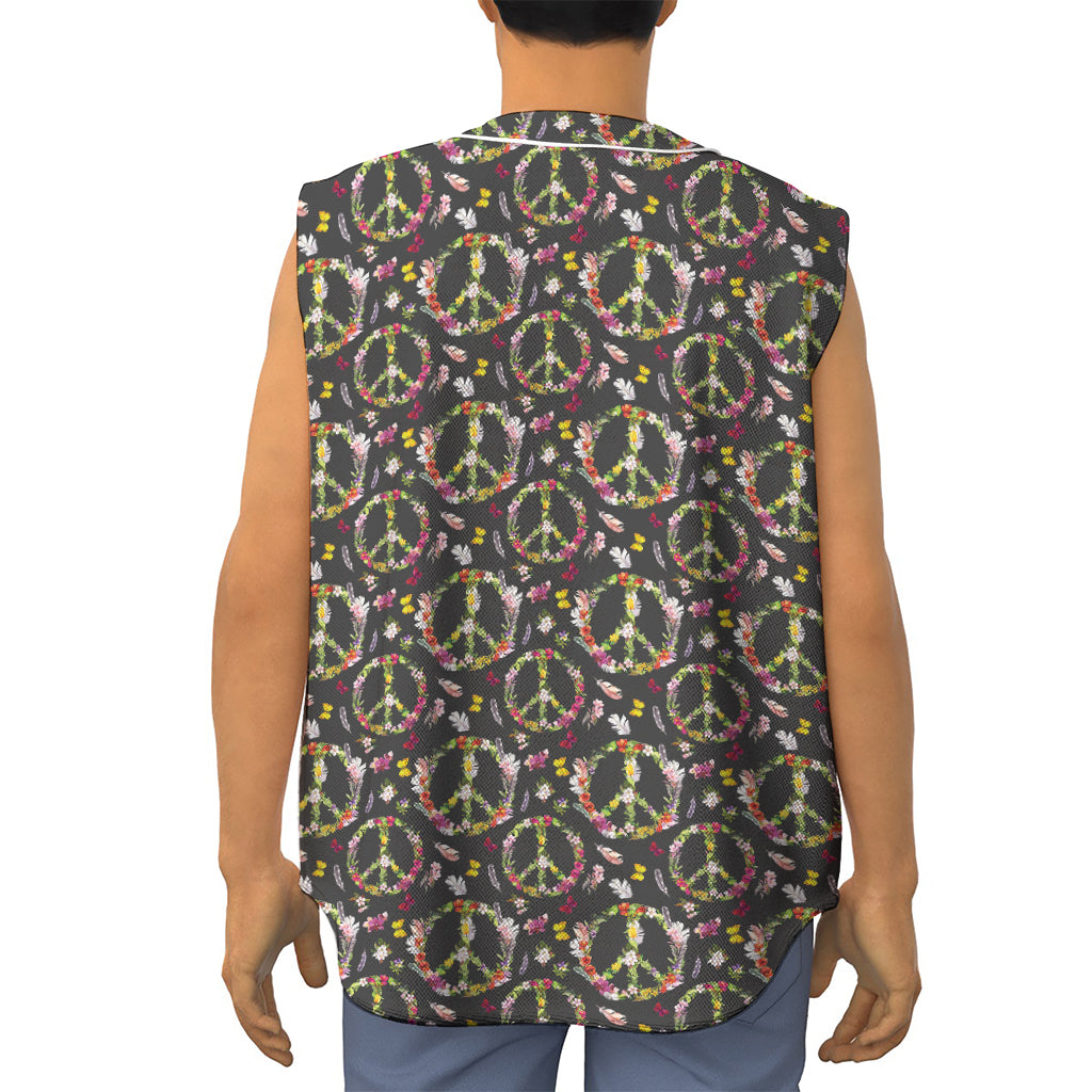 Hippie Peace Sign Flower Pattern Print Sleeveless Baseball Jersey