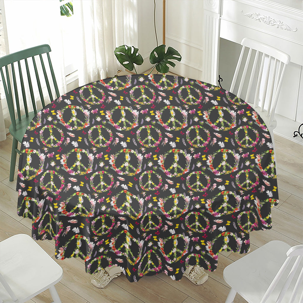 Hippie Peace Sign Flower Pattern Print Waterproof Round Tablecloth