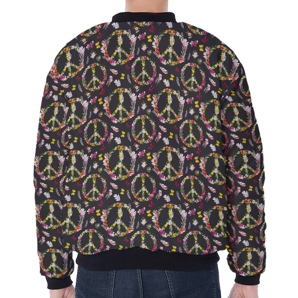 Hippie Peace Sign Flower Pattern Print Zip Sleeve Bomber Jacket