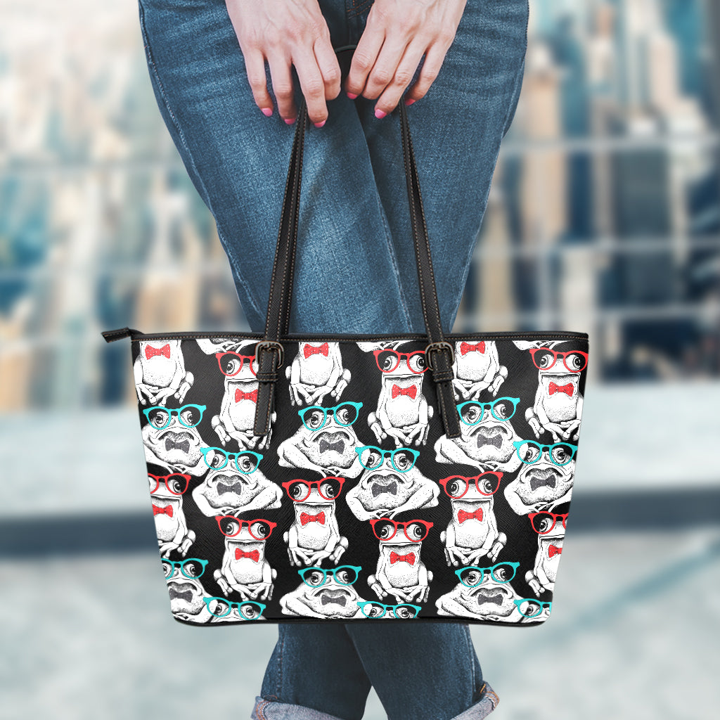 Hipster Frog Pattern Print Leather Tote Bag