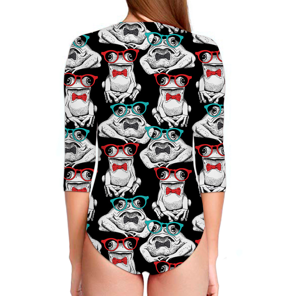 Hipster Frog Pattern Print Long Sleeve Swimsuit