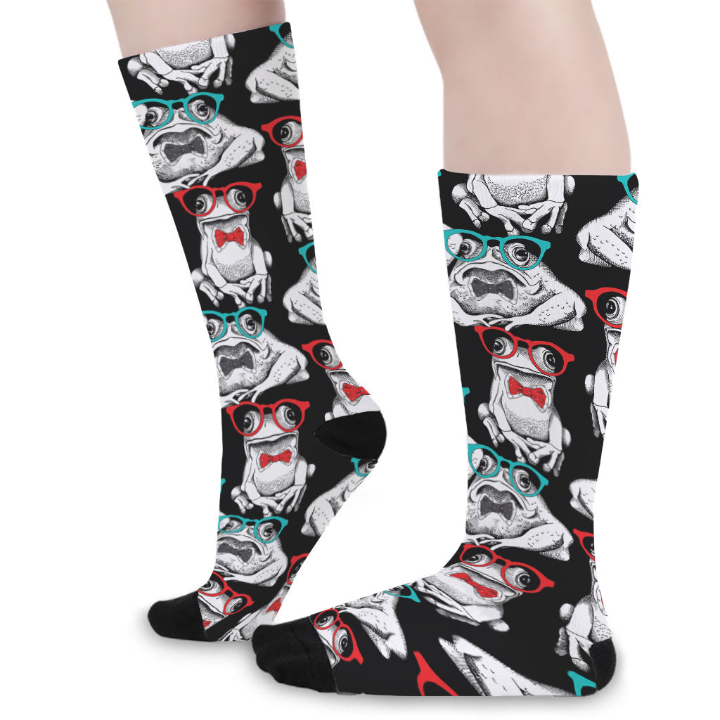 Hipster Frog Pattern Print Long Socks