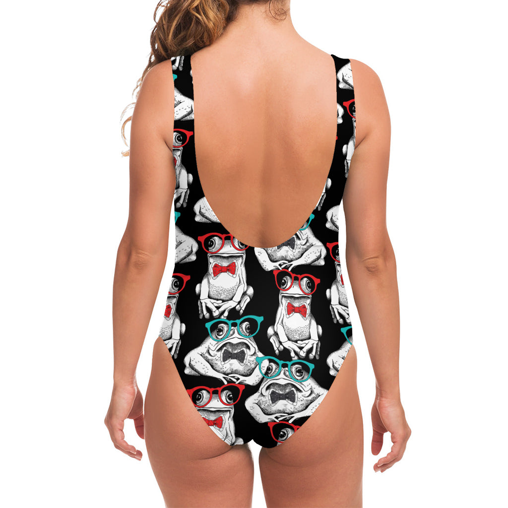 Hipster Frog Pattern Print One Piece Swimsuit