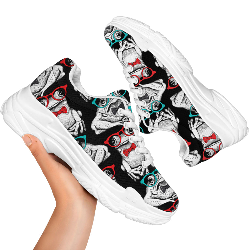 Hipster Frog Pattern Print White Chunky Shoes