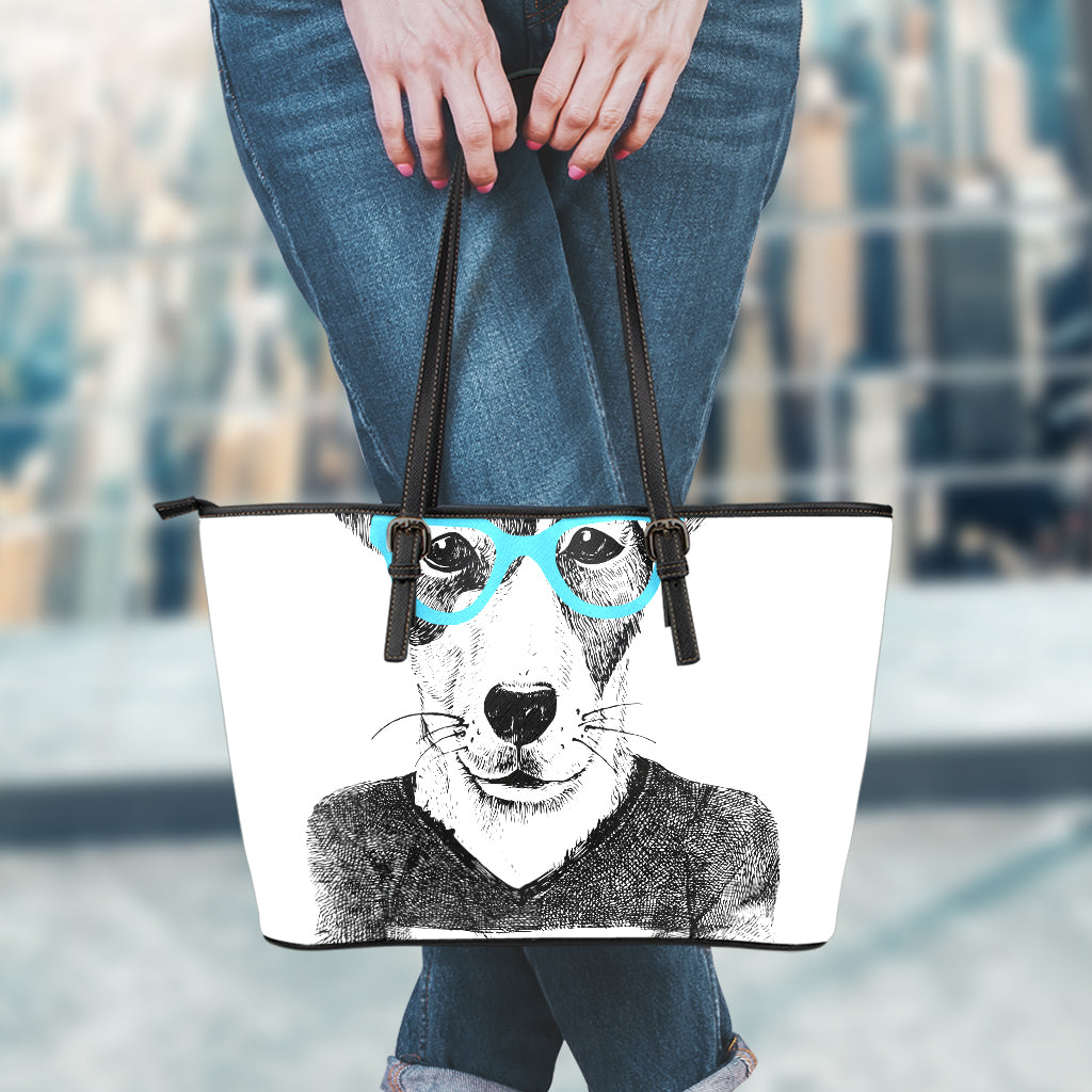 Hipster Jack Russell Terrier Print Leather Tote Bag