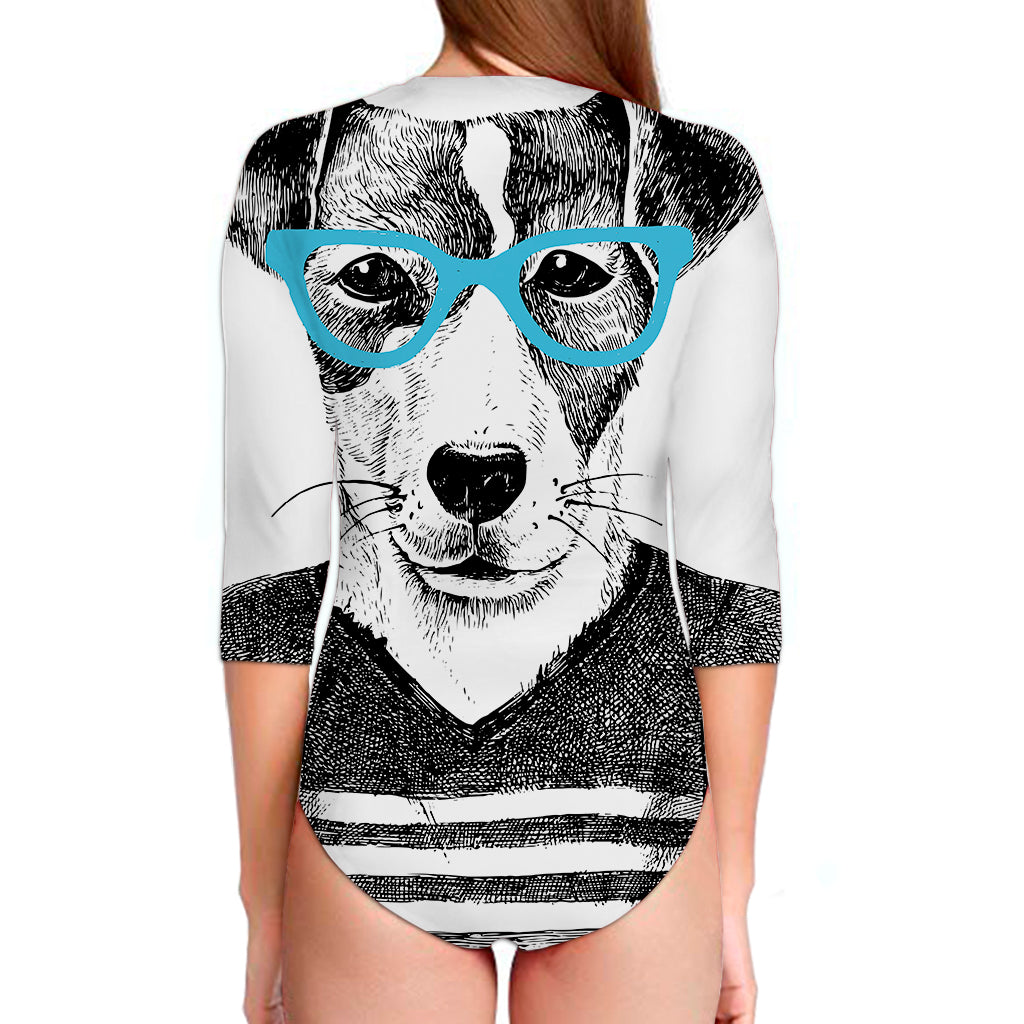 Hipster Jack Russell Terrier Print Long Sleeve Swimsuit