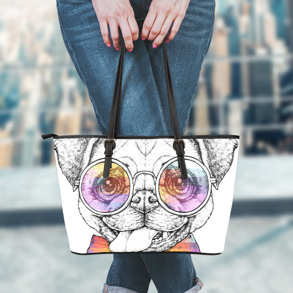 Hipster Pug Print Leather Tote Bag