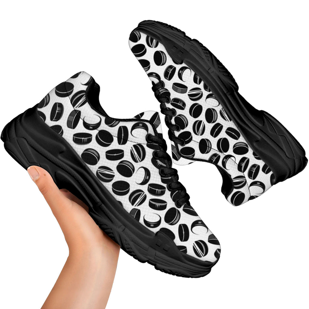 Hockey Puck Pattern Print Black Chunky Shoes