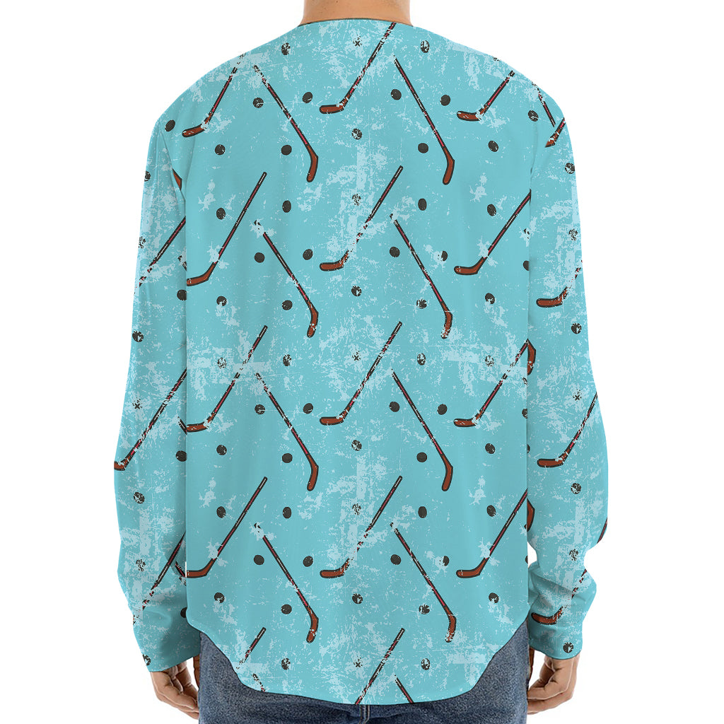 Hockey Stick And Puck Pattern Print Long Sleeve Baseball Jersey
