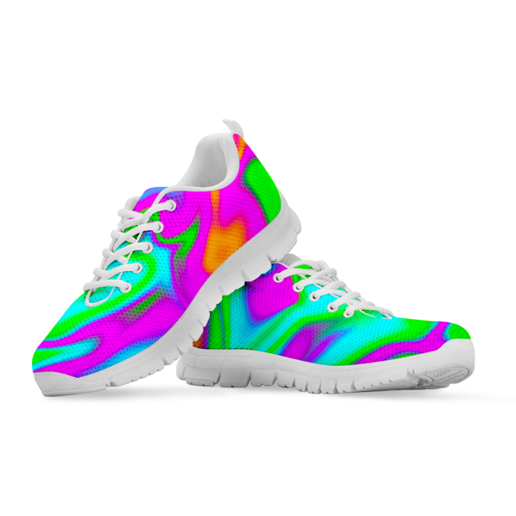 Holographic Neon Liquid Trippy Print White Running Shoes