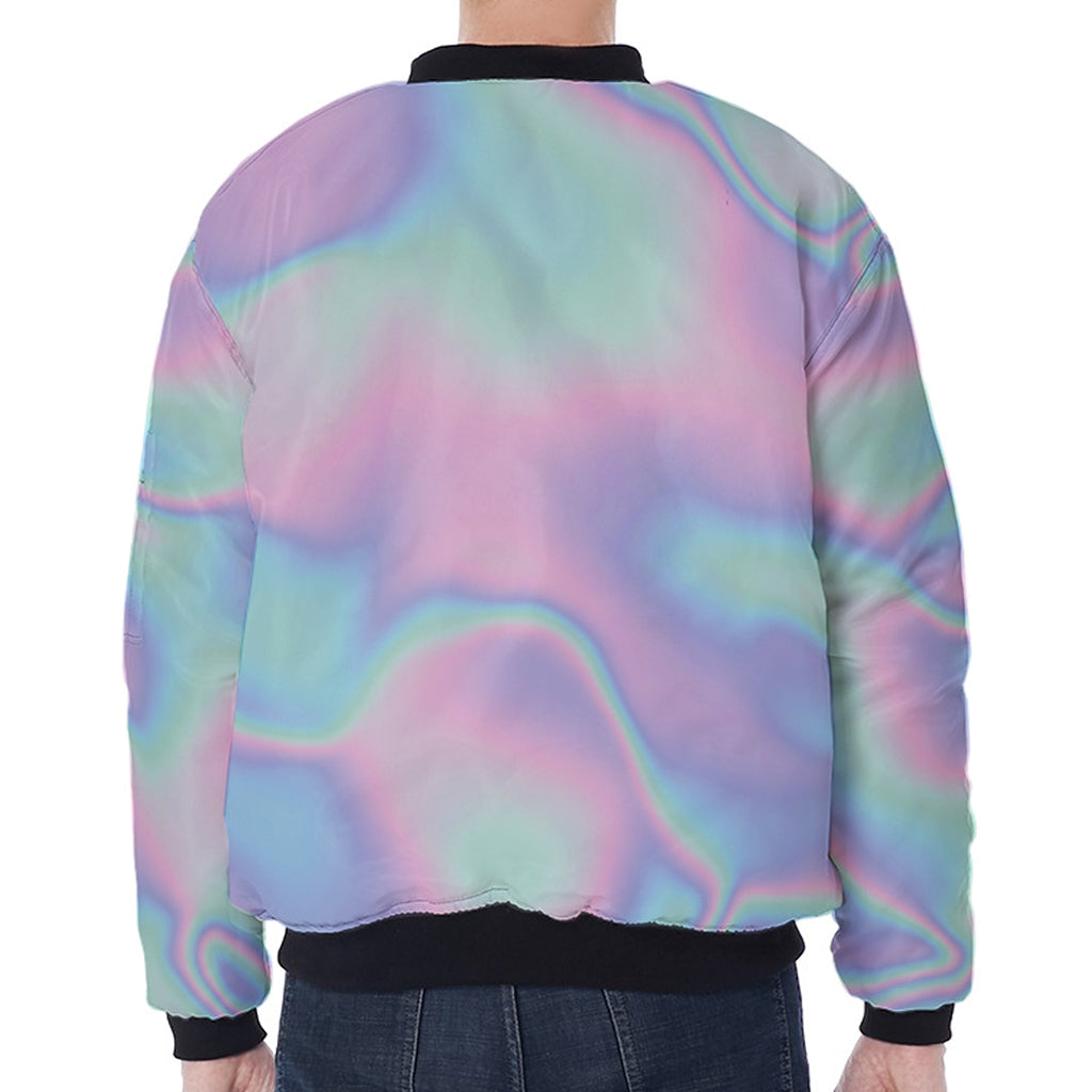 Holographic Waves Print Zip Sleeve Bomber Jacket