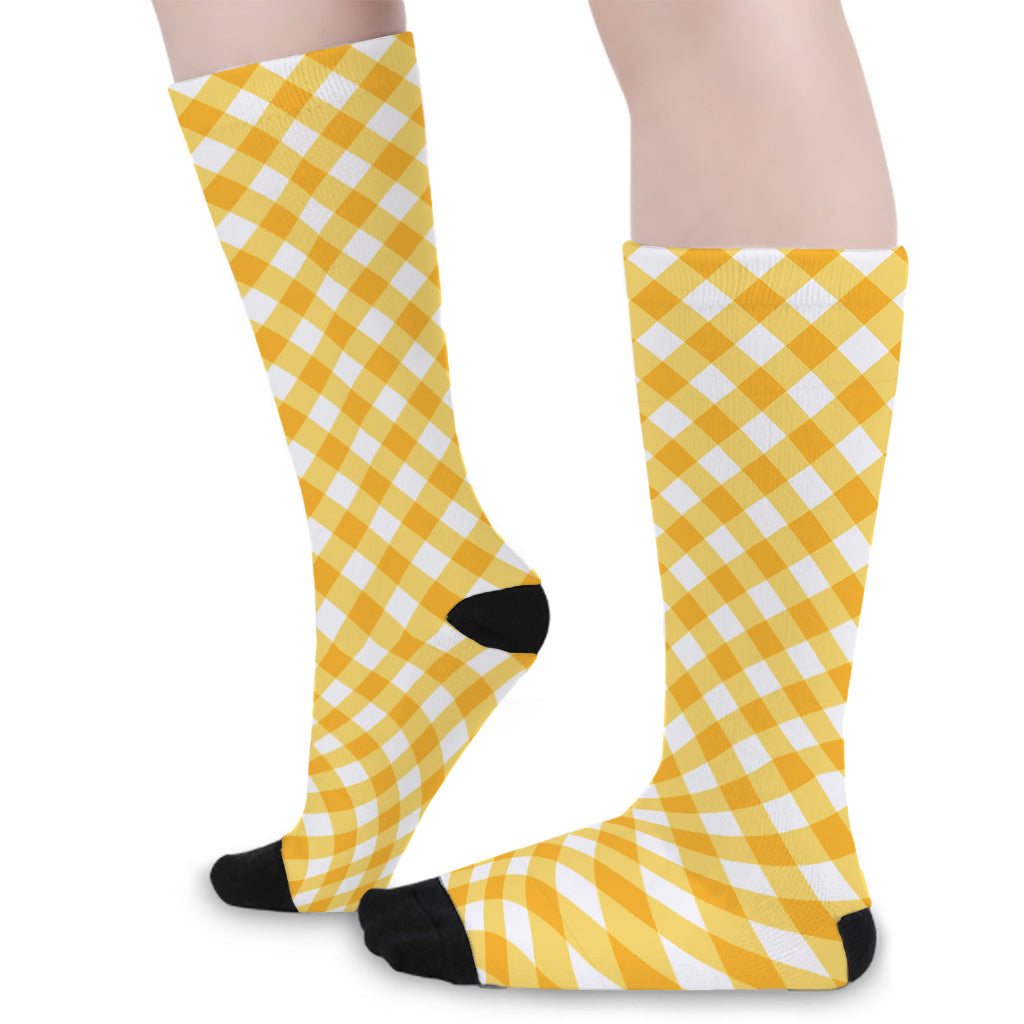 Honey Yellow And White Gingham Print Long Socks