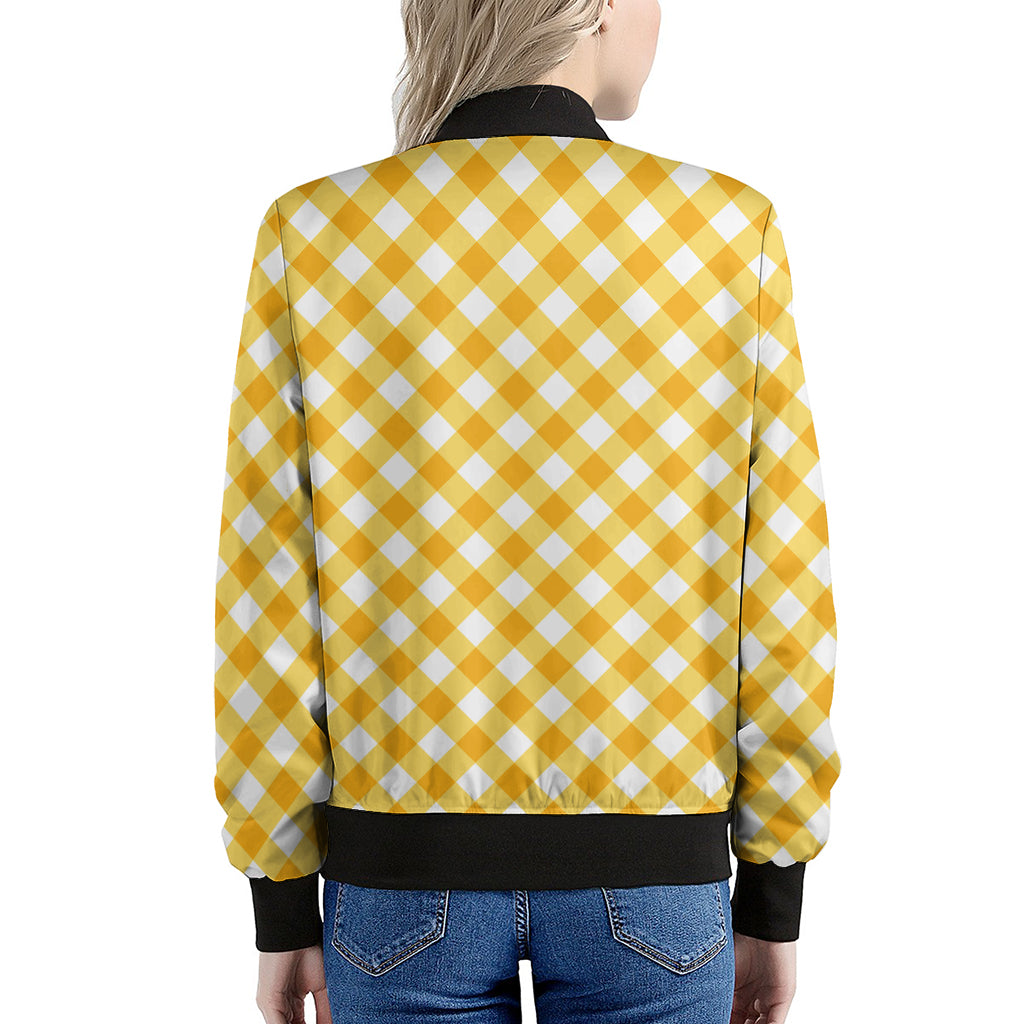 Honey Yellow And White Gingham Print Women's Bomber Jacket