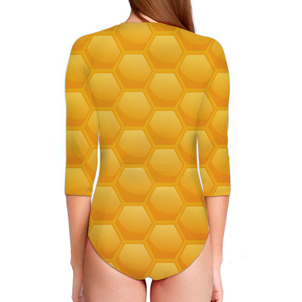 Honeycomb Pattern Print Long Sleeve Swimsuit