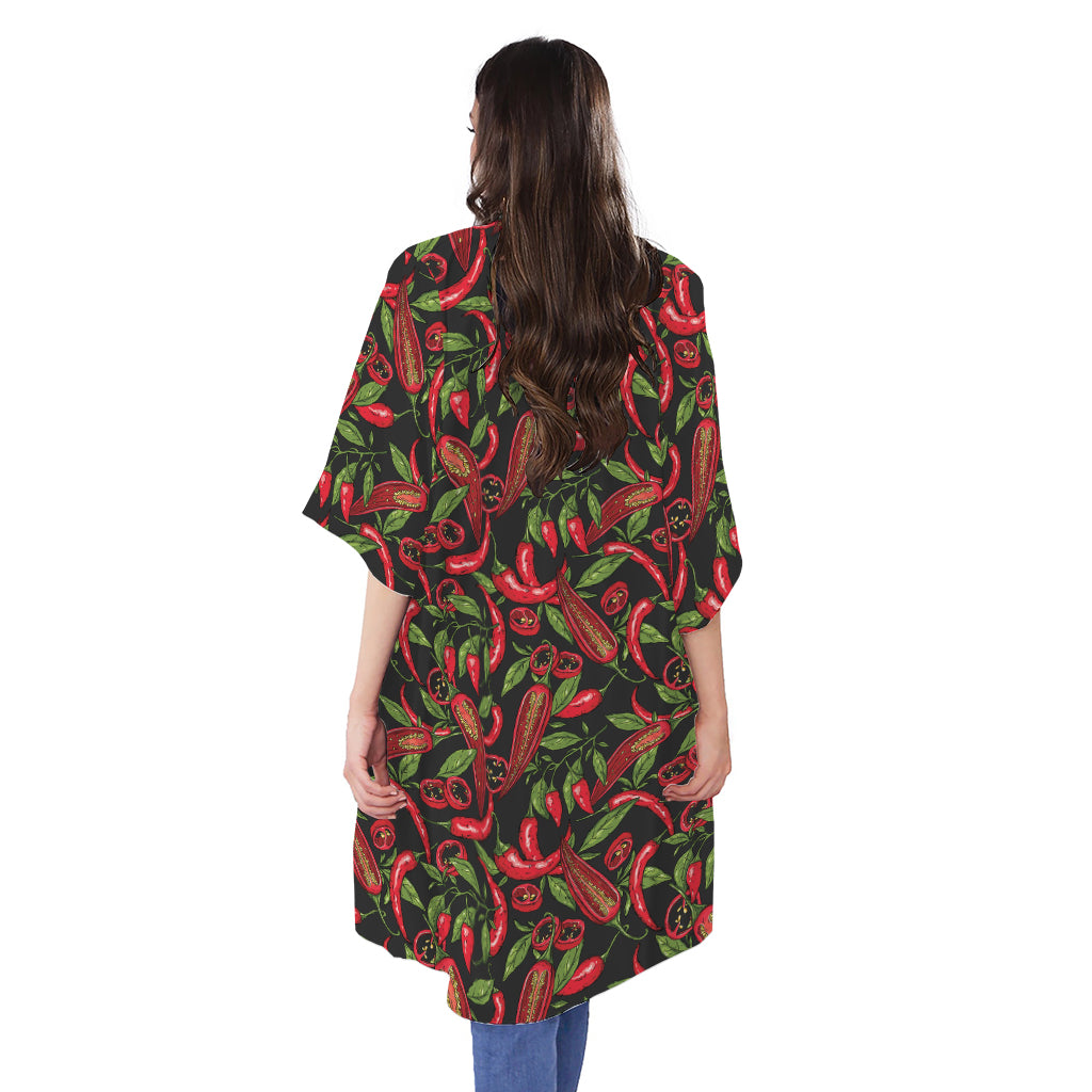 Hot Chili Peppers Pattern Print Open Front Beach Cover Up