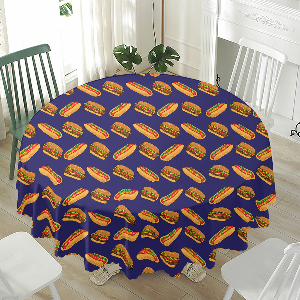 Hot Dog And Hamburger Pattern Print Waterproof Round Tablecloth