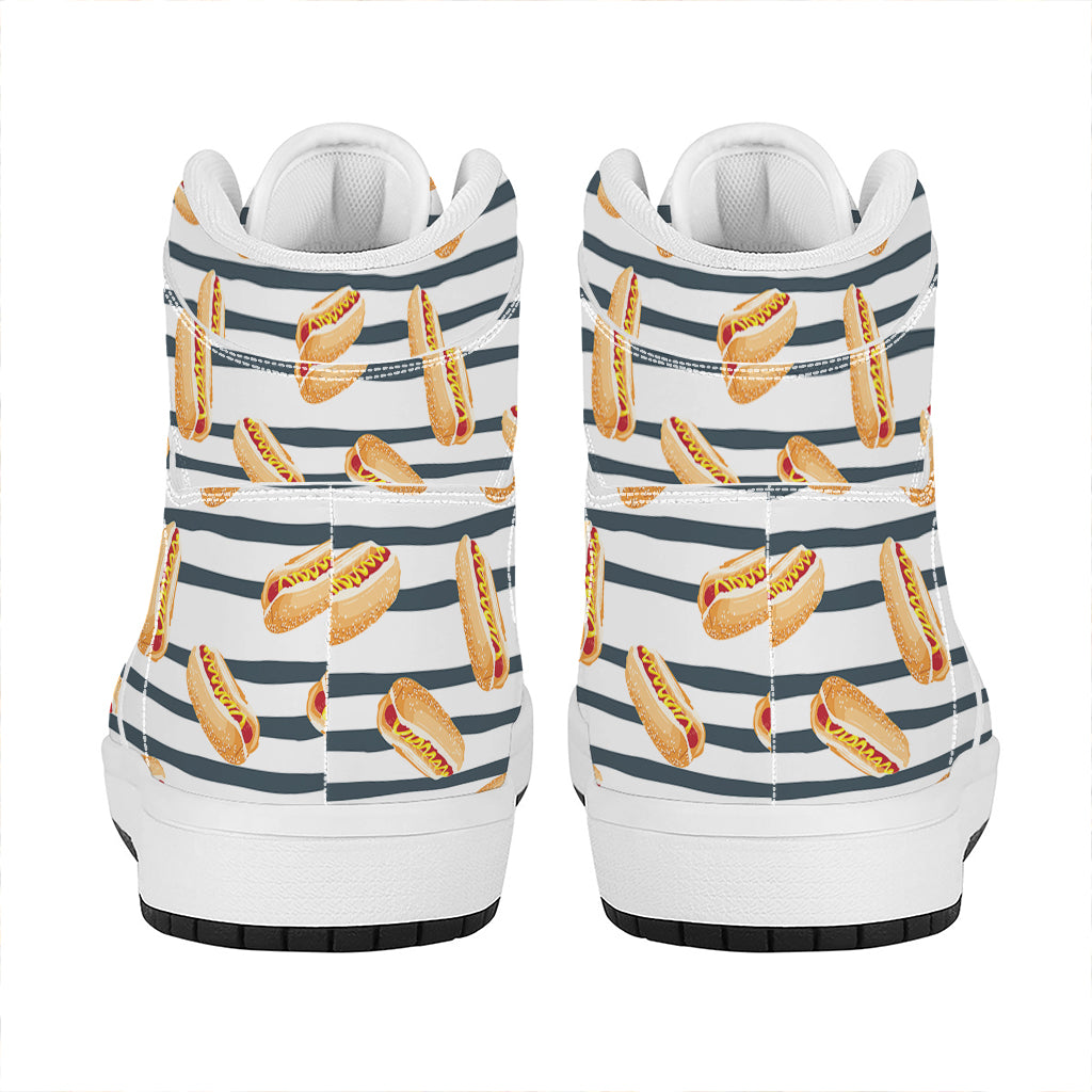 Hot Dog Striped Pattern Print High Top Leather Sneakers