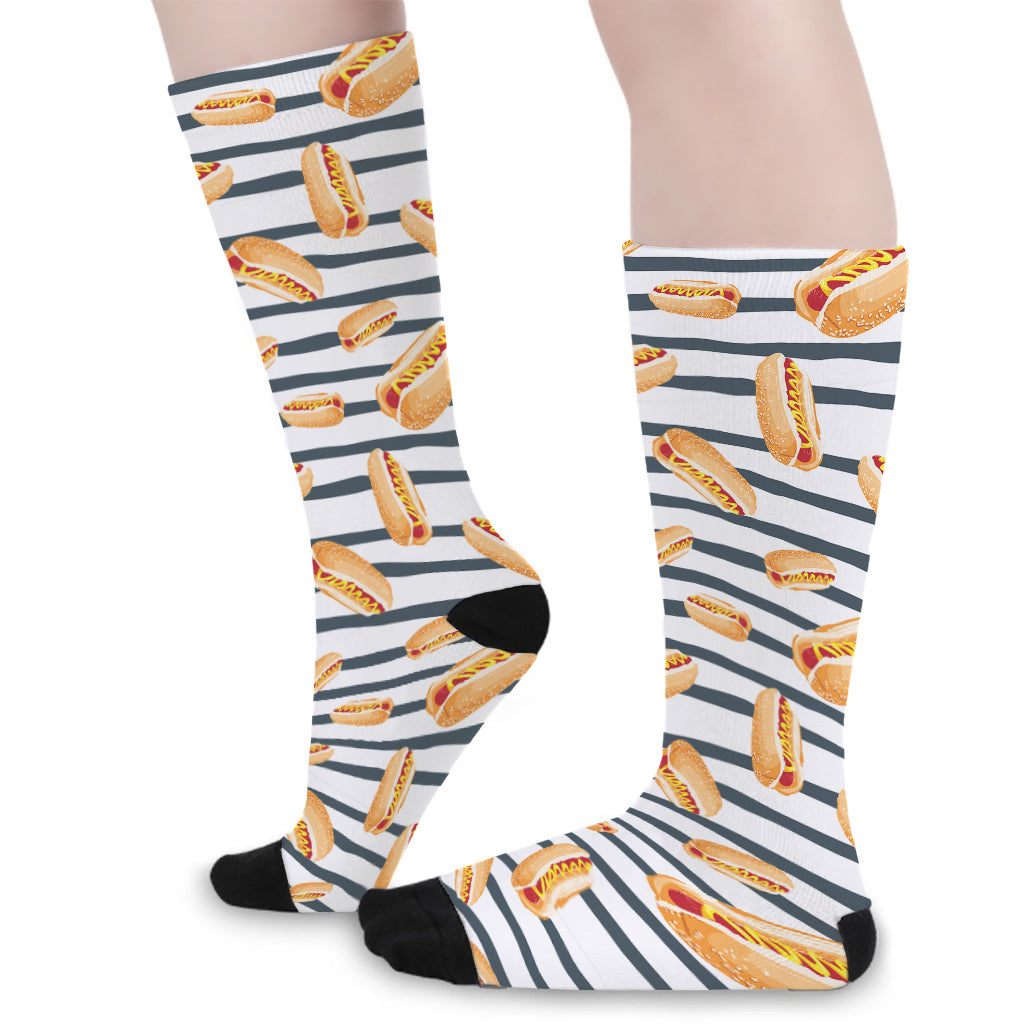 Hot Dog Striped Pattern Print Long Socks