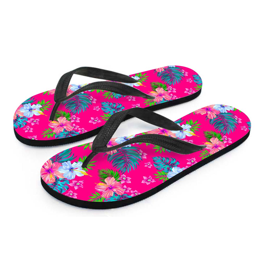 Hot Pink Aloha Hibiscus Pattern Print Flip Flops