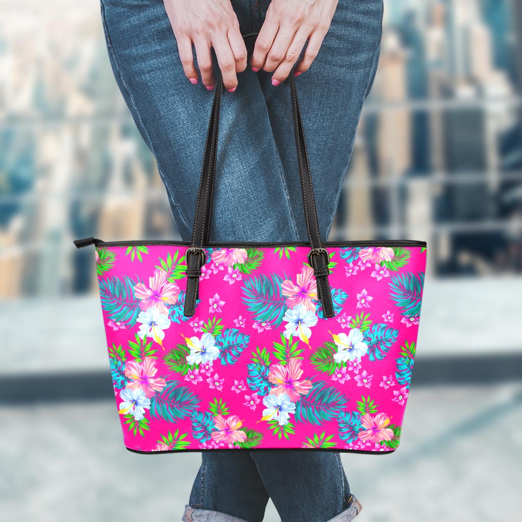 Hot Pink Aloha Hibiscus Pattern Print Leather Tote Bag