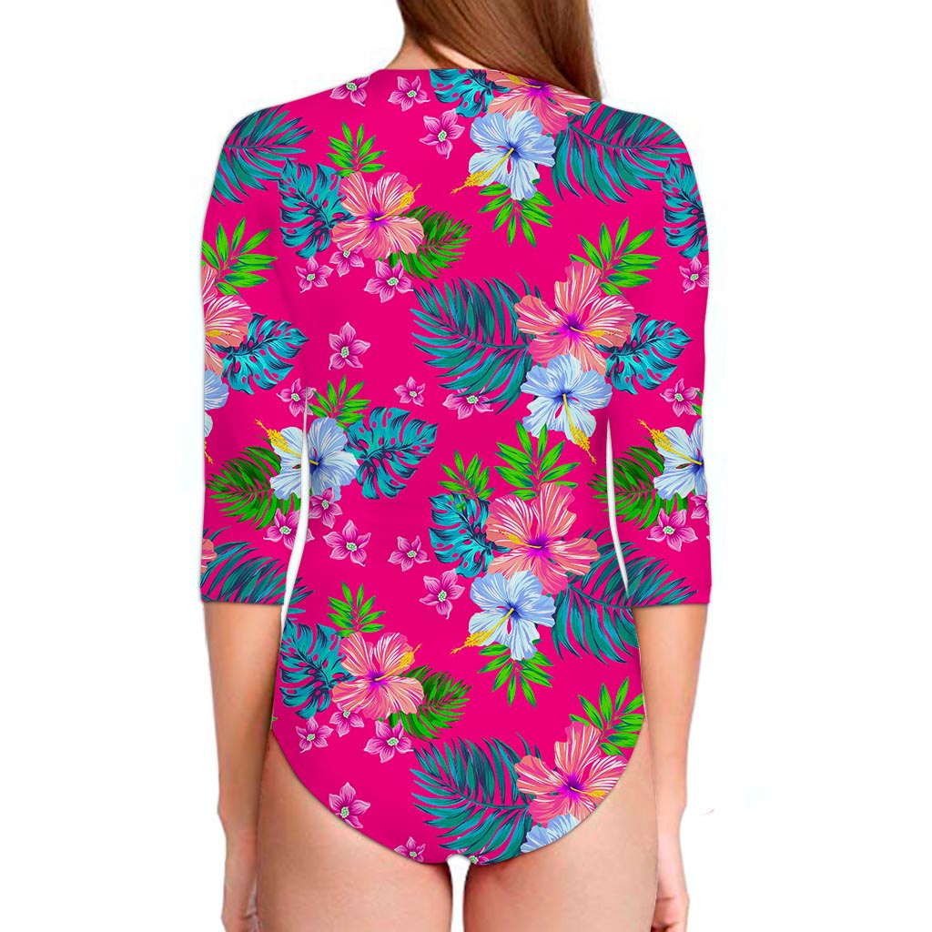 Hot Pink Aloha Hibiscus Pattern Print Long Sleeve Swimsuit