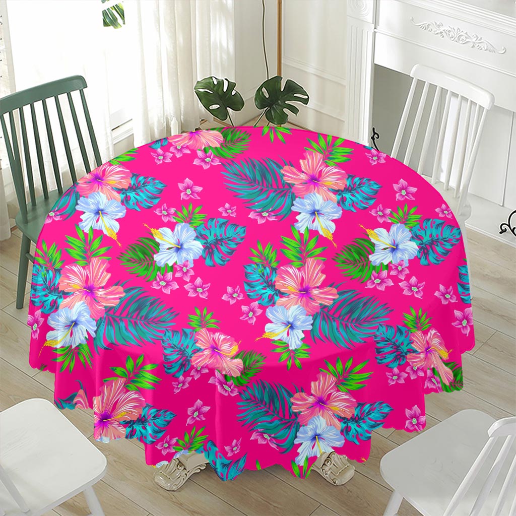 Hot Pink Aloha Hibiscus Pattern Print Waterproof Round Tablecloth