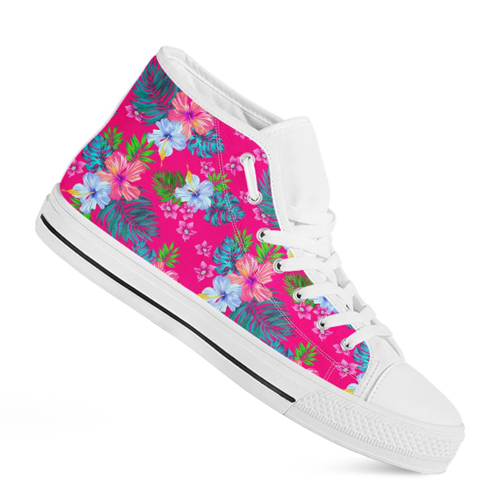 Hot Pink Aloha Hibiscus Pattern Print White High Top Sneakers