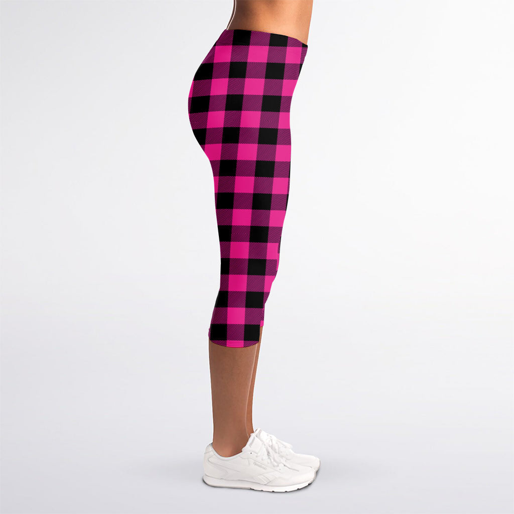 Hot Pink And Black Buffalo Check Print Women's Capri Leggings