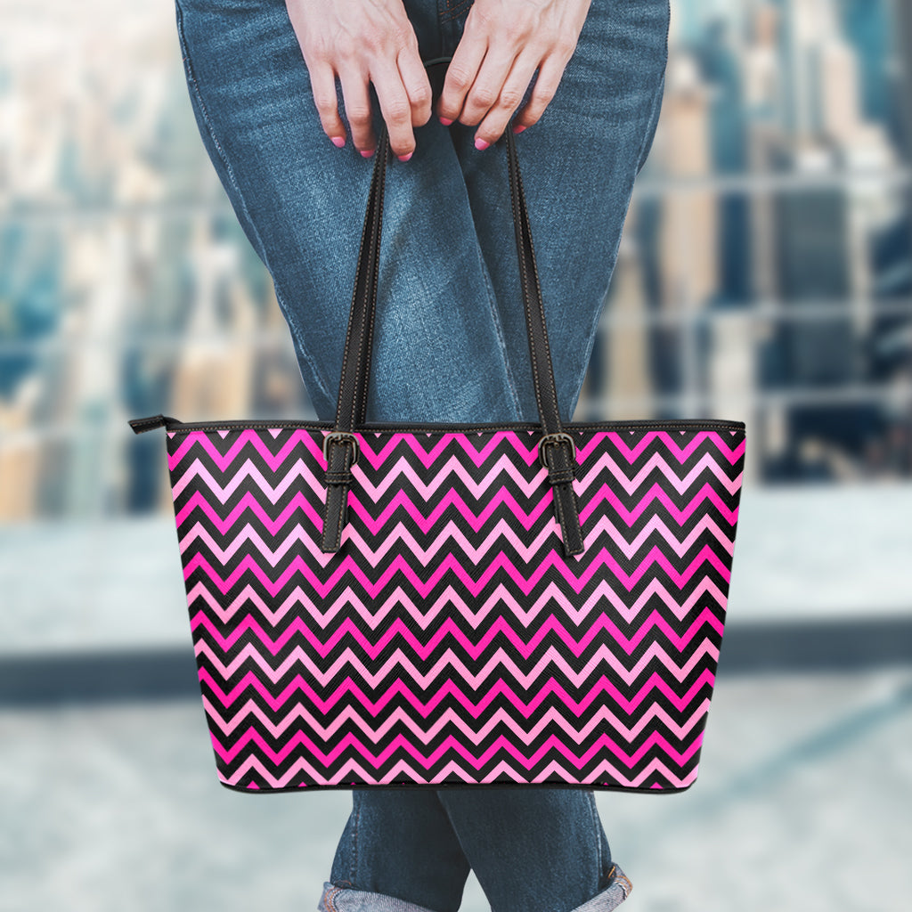 Hot Pink And Black Chevron Pattern Print Leather Tote Bag