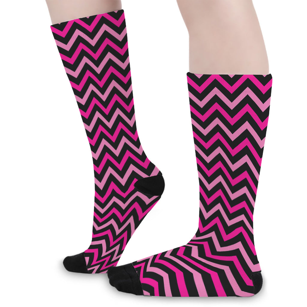 Hot Pink And Black Chevron Pattern Print Long Socks