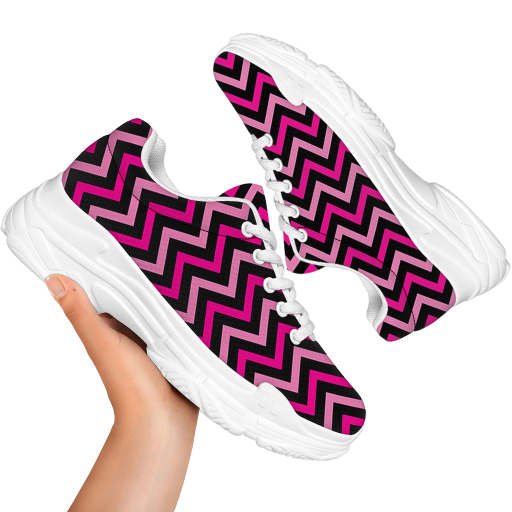 Hot Pink And Black Chevron Pattern Print White Chunky Shoes