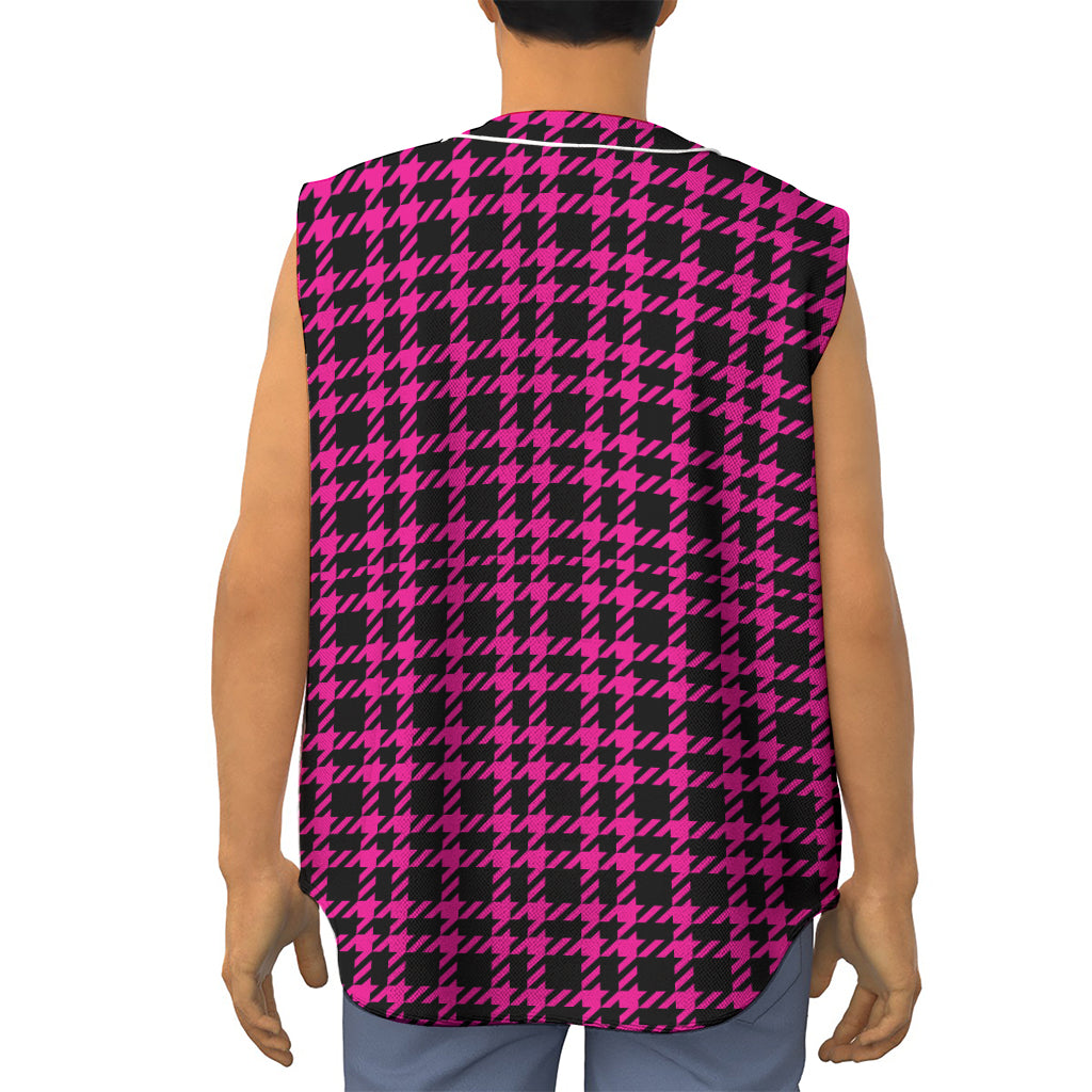 Hot Pink And Black Houndstooth Print Sleeveless Baseball Jersey