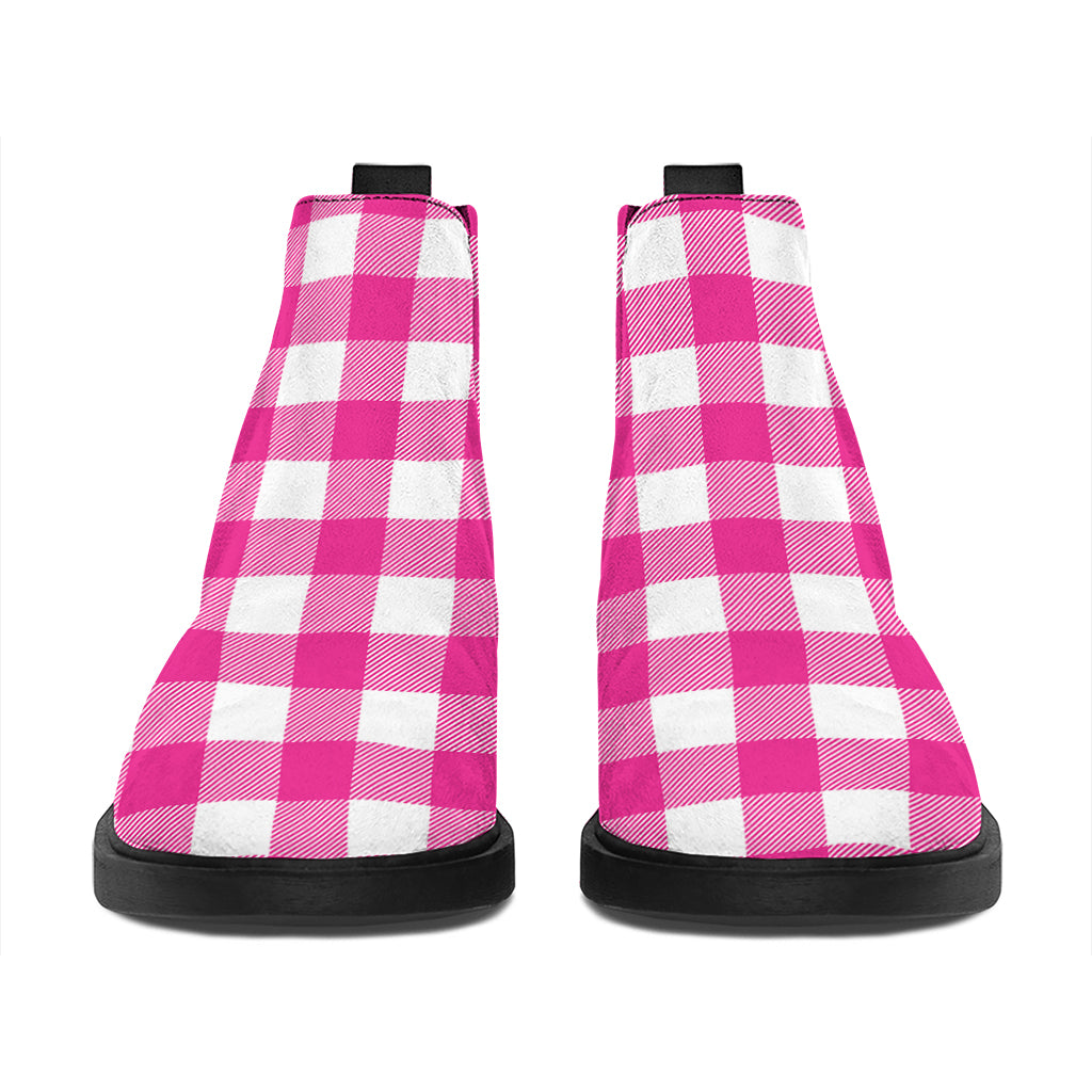 Hot Pink And White Buffalo Check Print Flat Ankle Boots