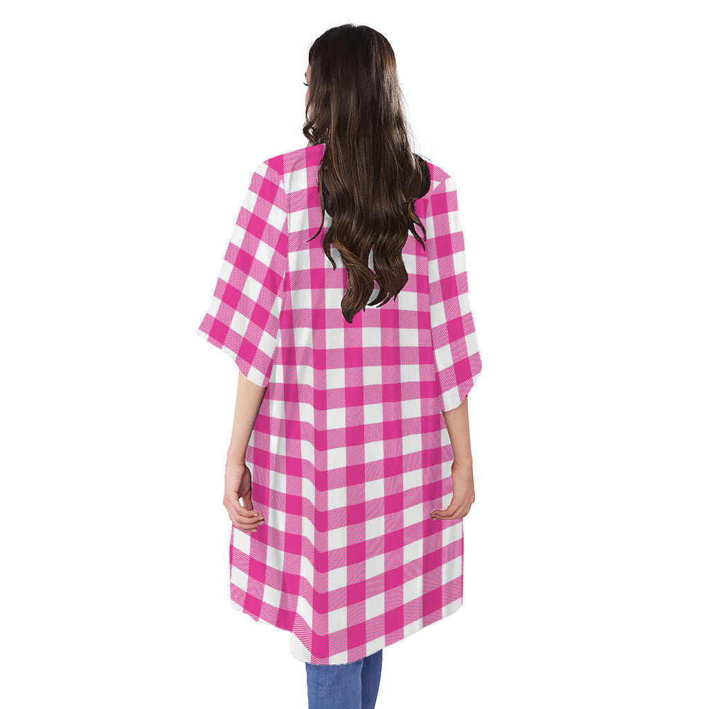 Hot Pink And White Buffalo Check Print Open Front Beach Cover Up