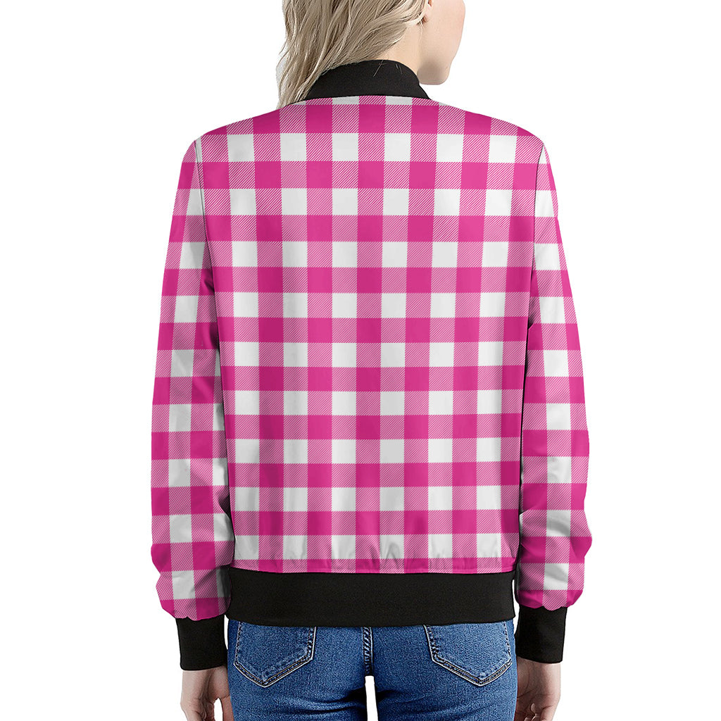 Hot Pink And White Buffalo Check Print Women's Bomber Jacket