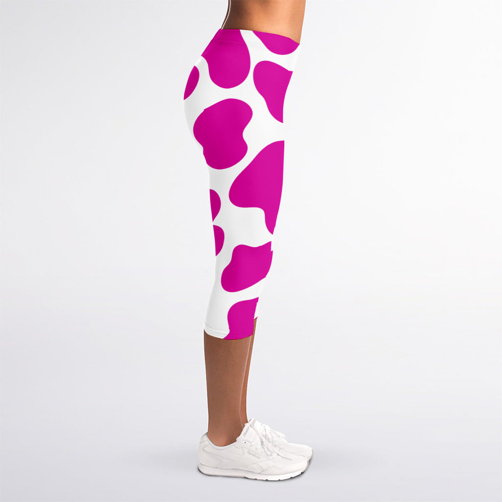 Hot Pink And White Cow Print Women's Capri Leggings
