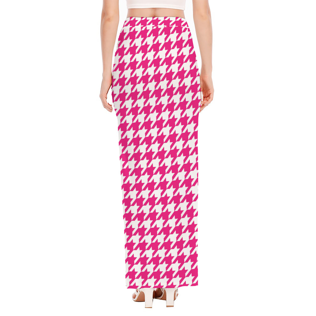 Hot Pink And White Houndstooth Print High Slit Maxi Skirt
