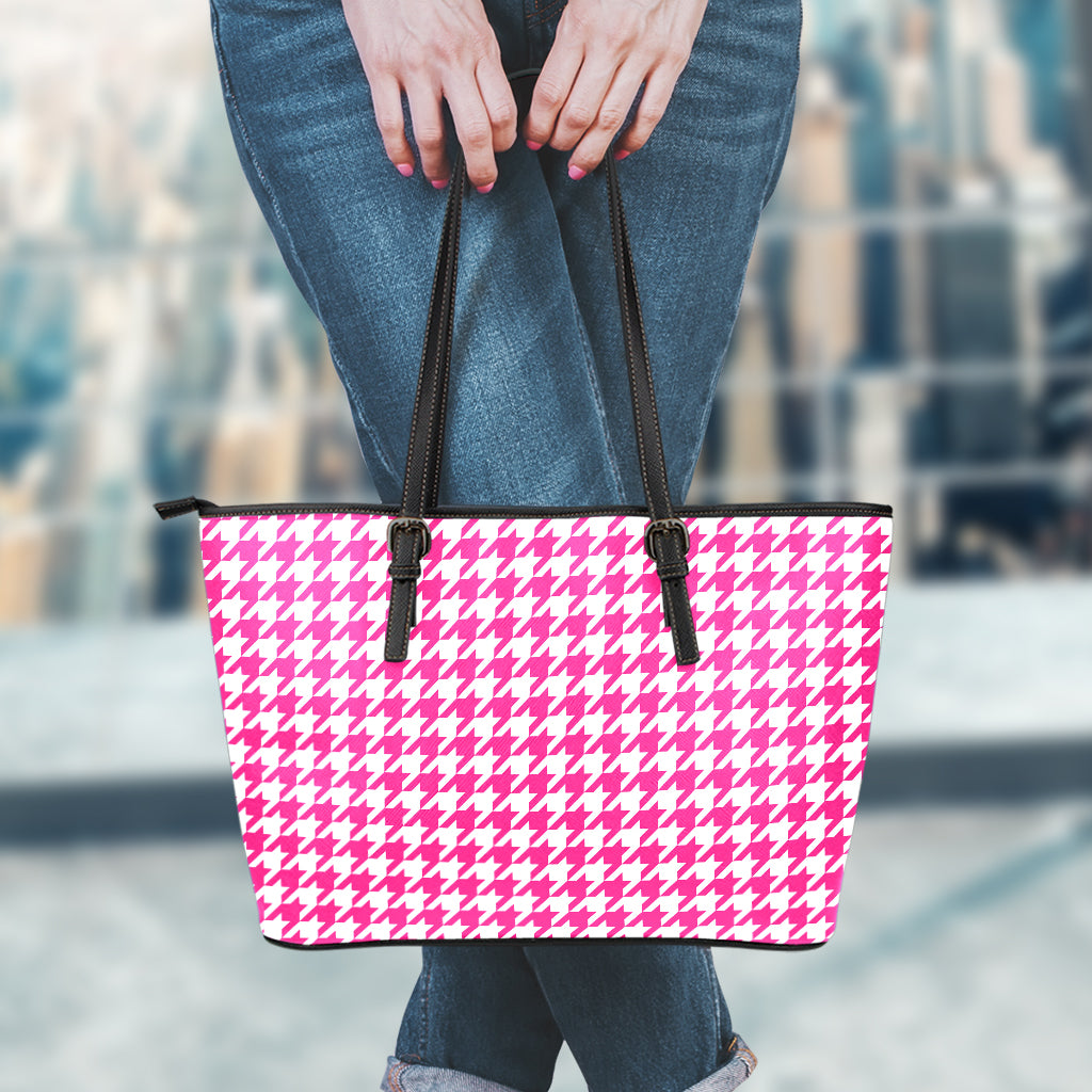 Hot Pink And White Houndstooth Print Leather Tote Bag
