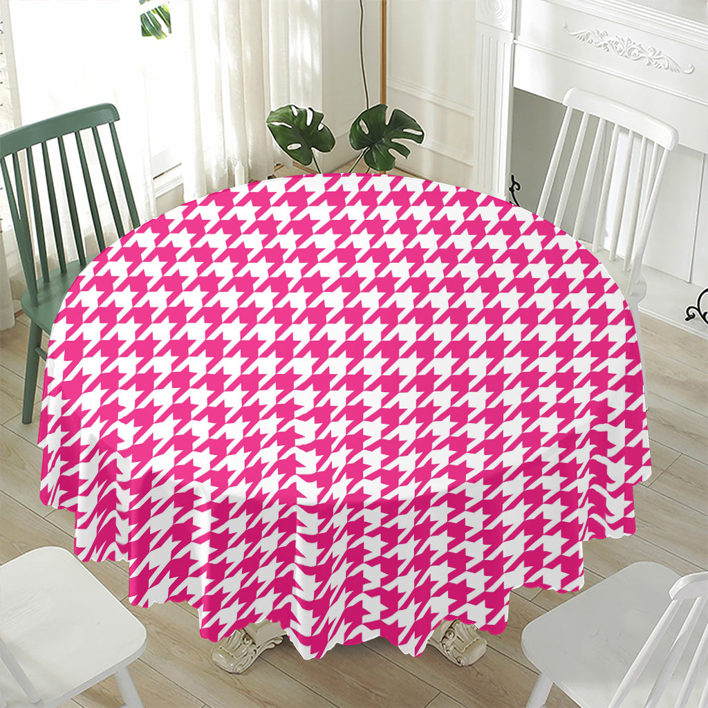 Hot Pink And White Houndstooth Print Waterproof Round Tablecloth