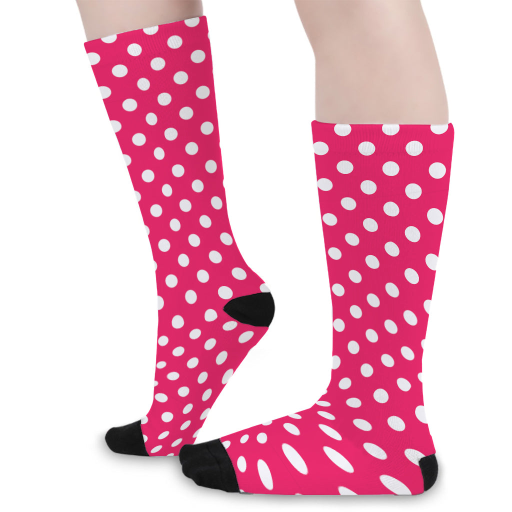 Hot Pink And White Polka Dot Print Long Socks