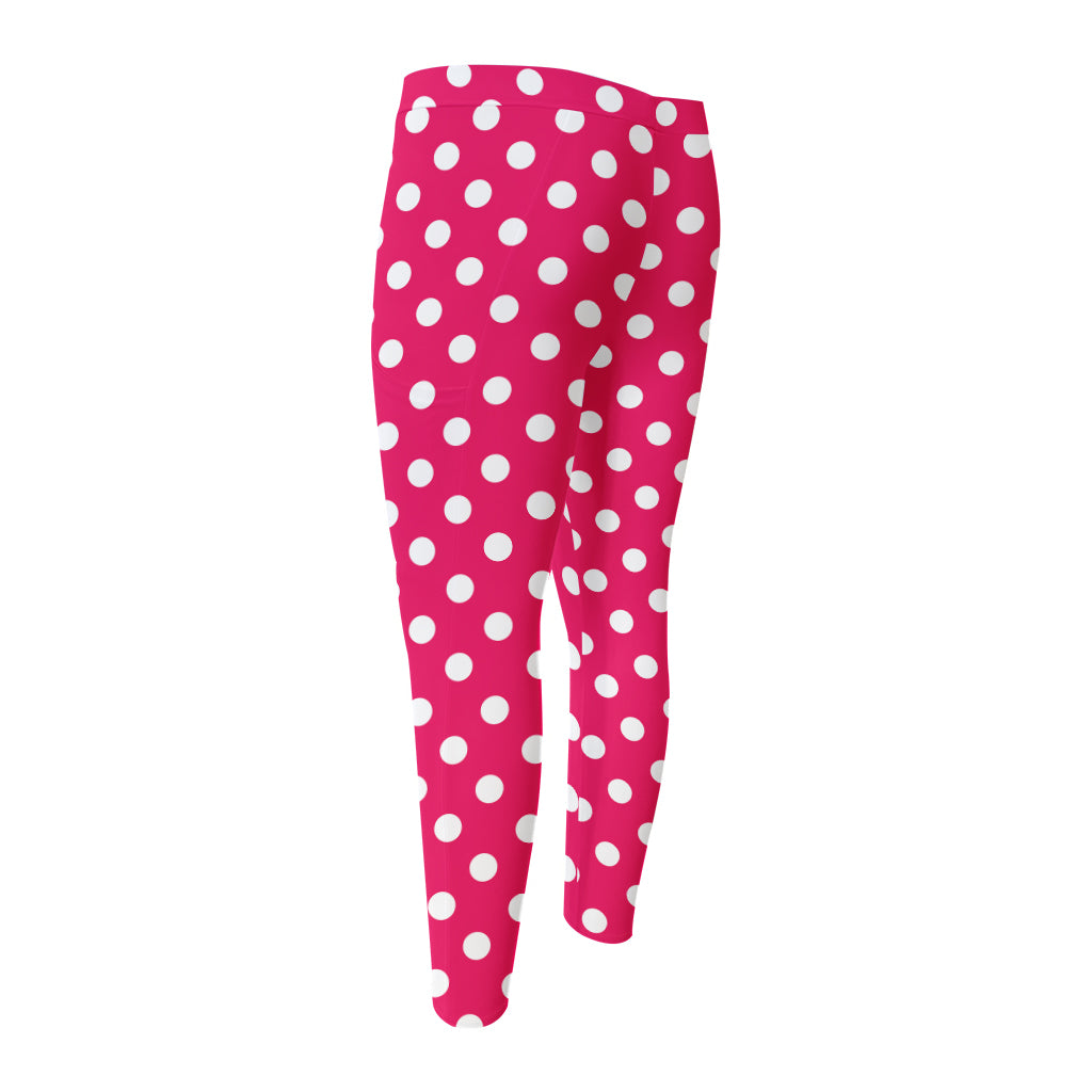 Hot Pink And White Polka Dot Print Men's Compression Pants