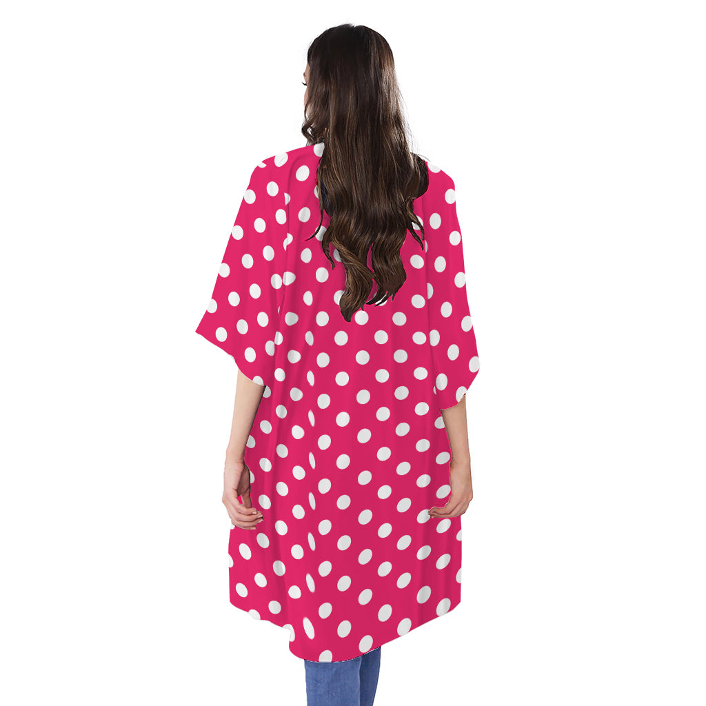 Hot Pink And White Polka Dot Print Open Front Beach Cover Up