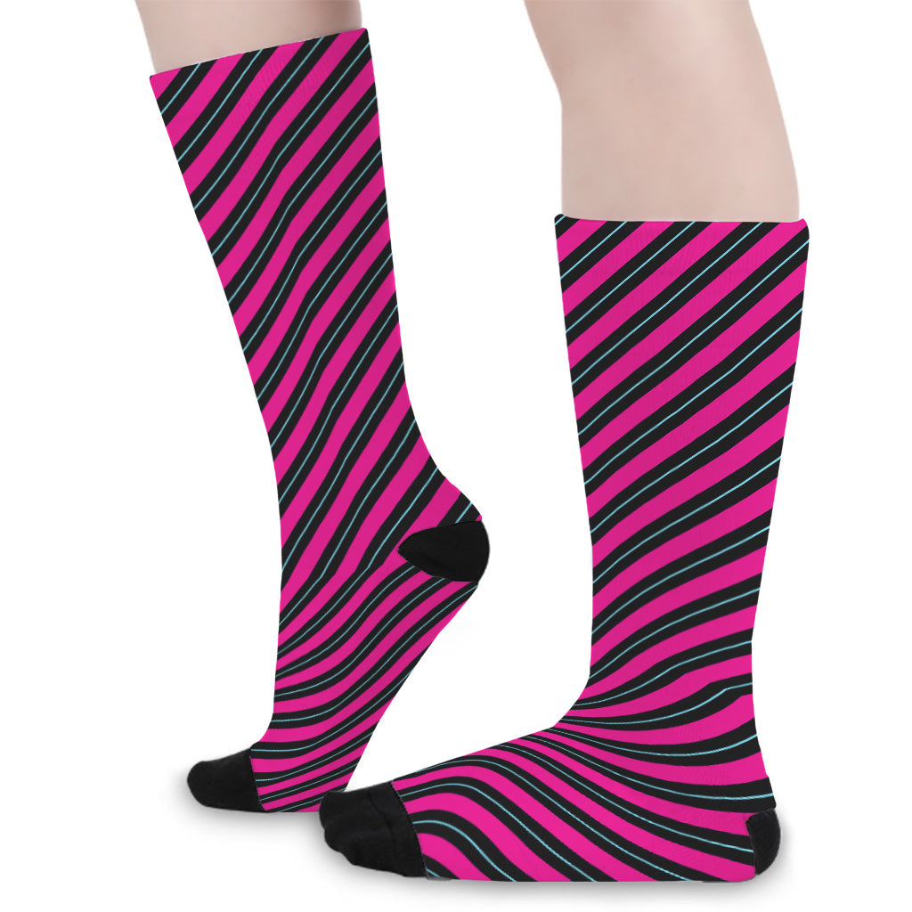 Hot Pink Black And Blue Stripes Print Long Socks