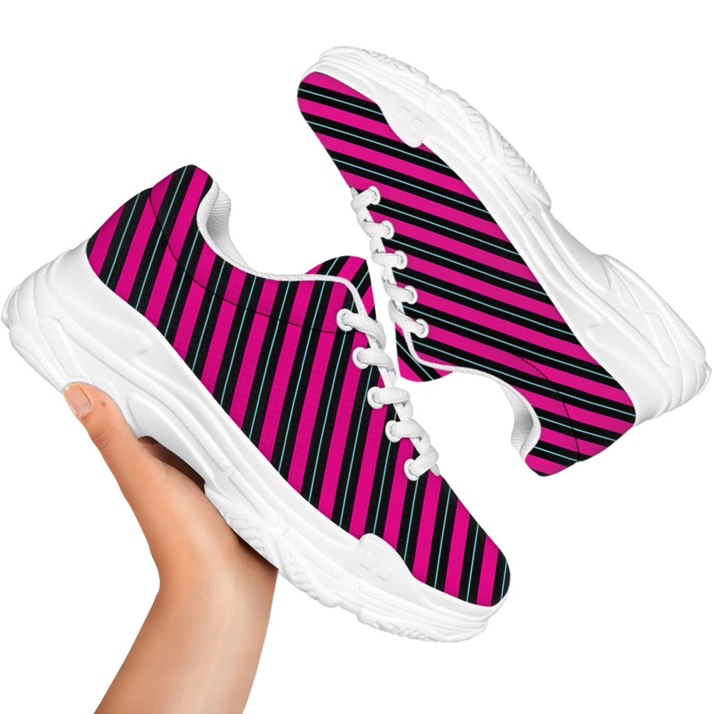 Hot Pink Black And Blue Stripes Print White Chunky Shoes