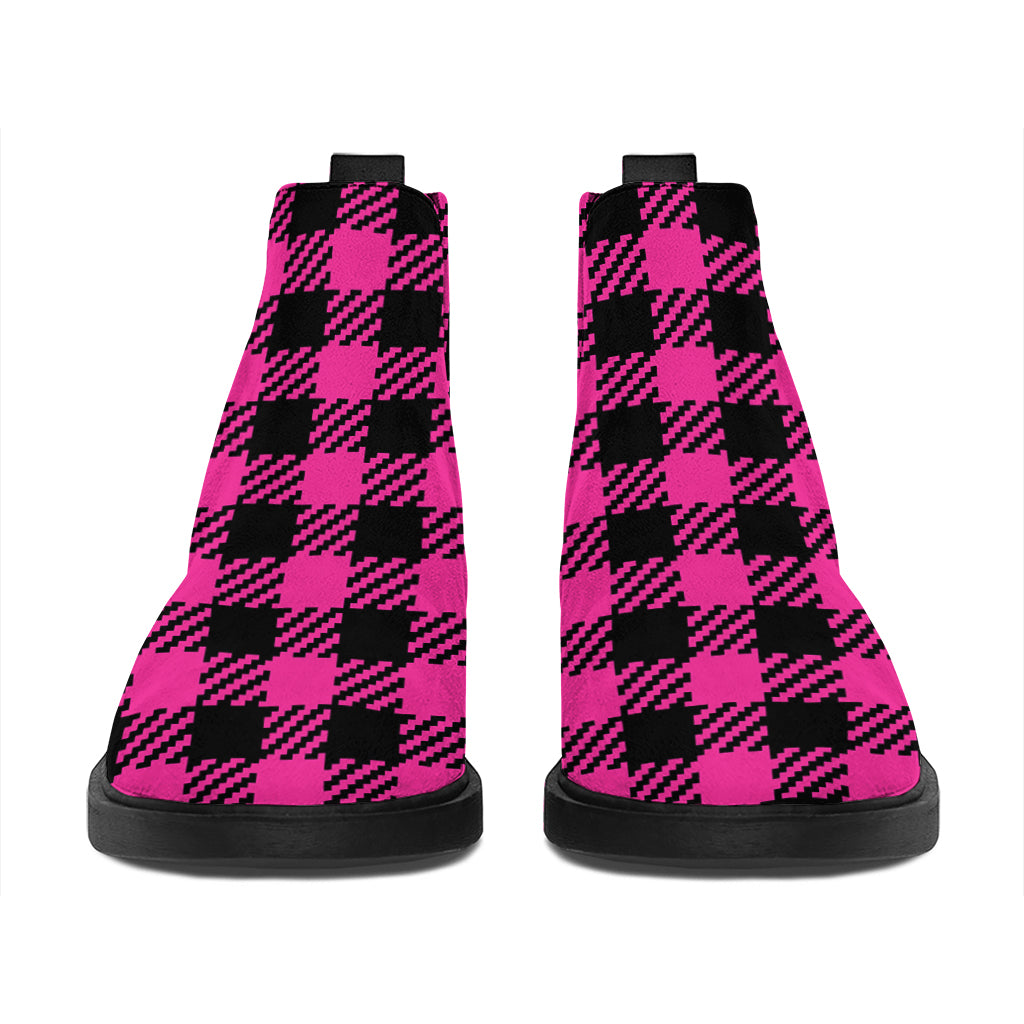 Hot Pink Buffalo Plaid Print Flat Ankle Boots
