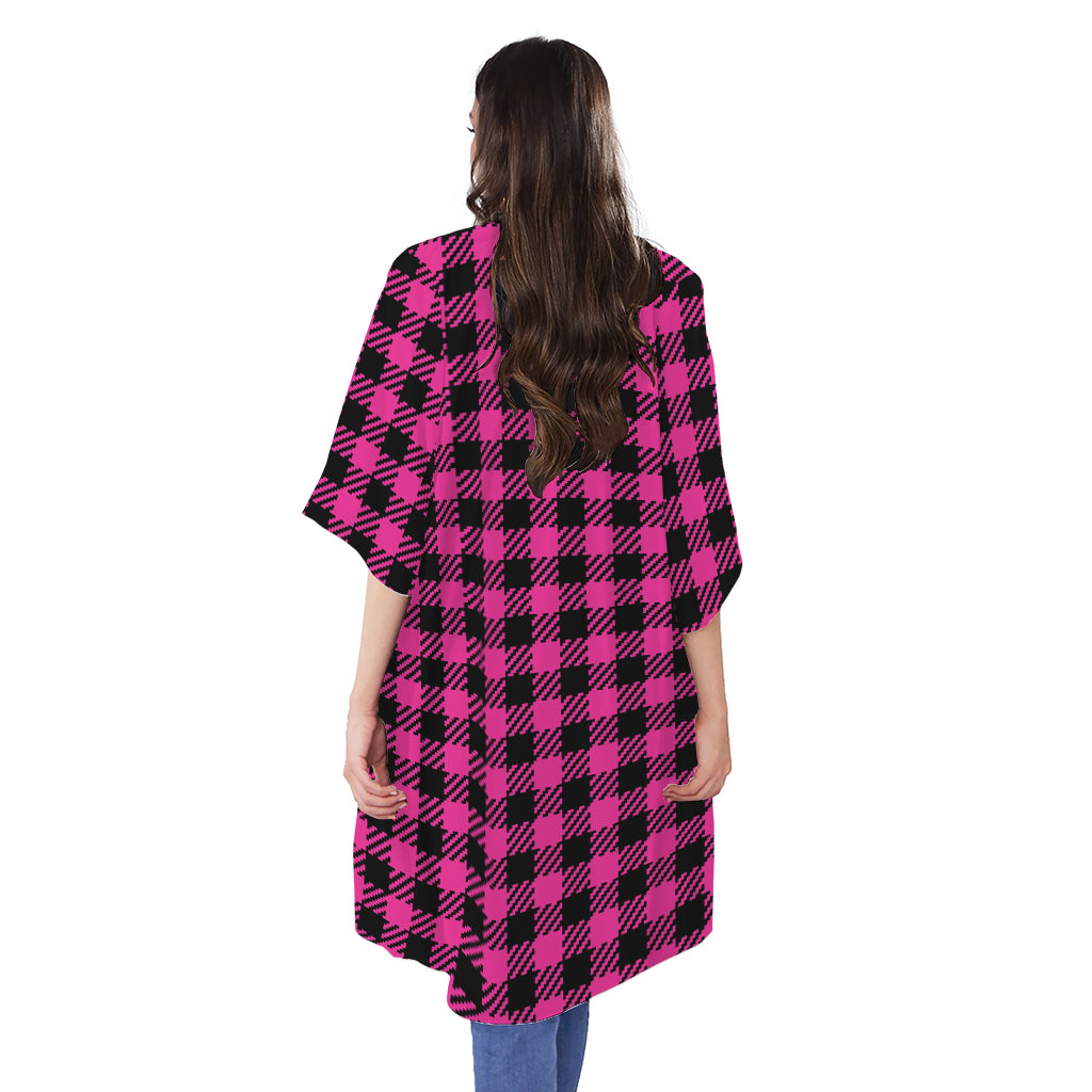 Hot Pink Buffalo Plaid Print Open Front Beach Cover Up